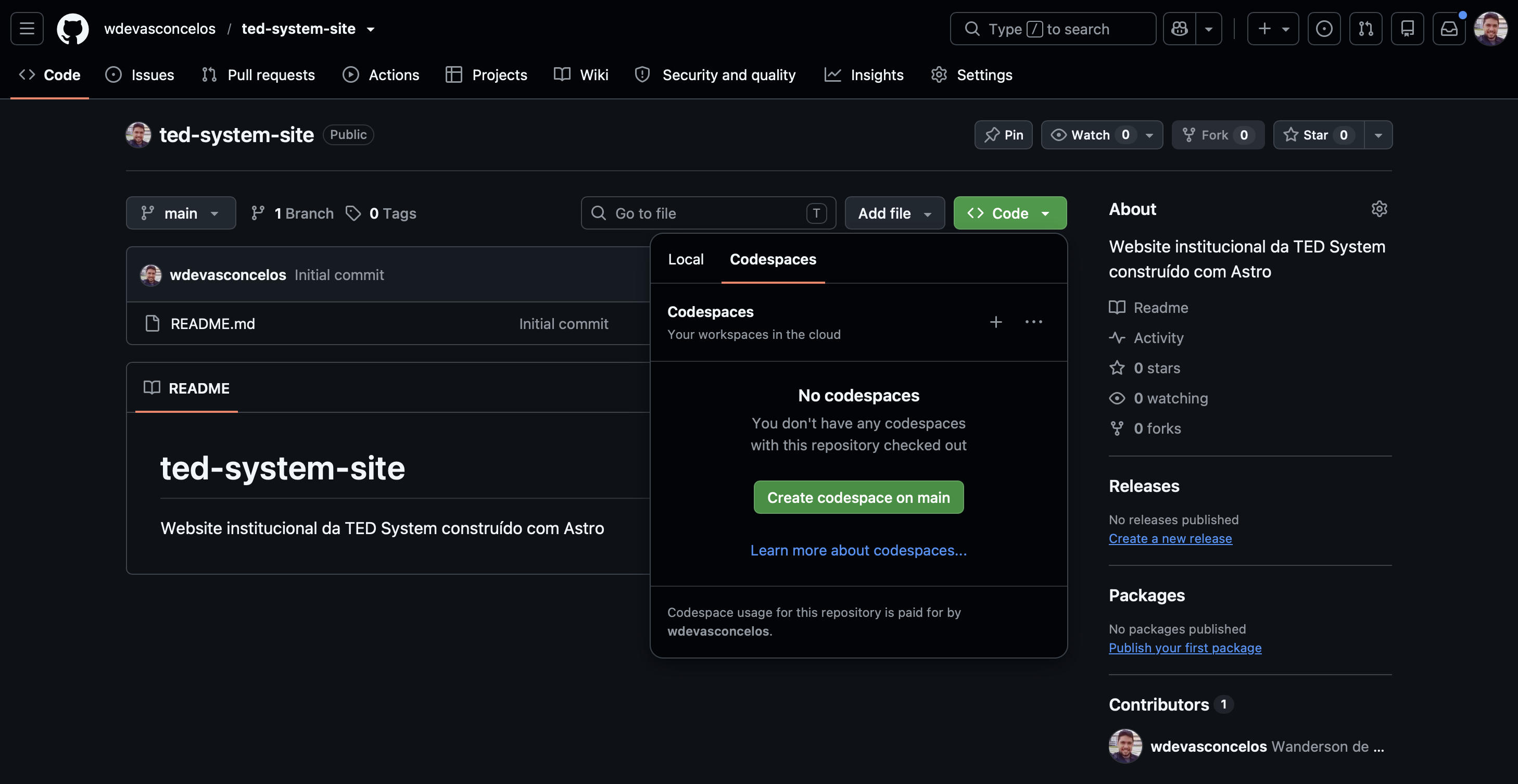 Página do repositório ted-system-site no GitHub com o menu do botão Code aberto na aba Codespaces e o botão verde Create codespace on main.