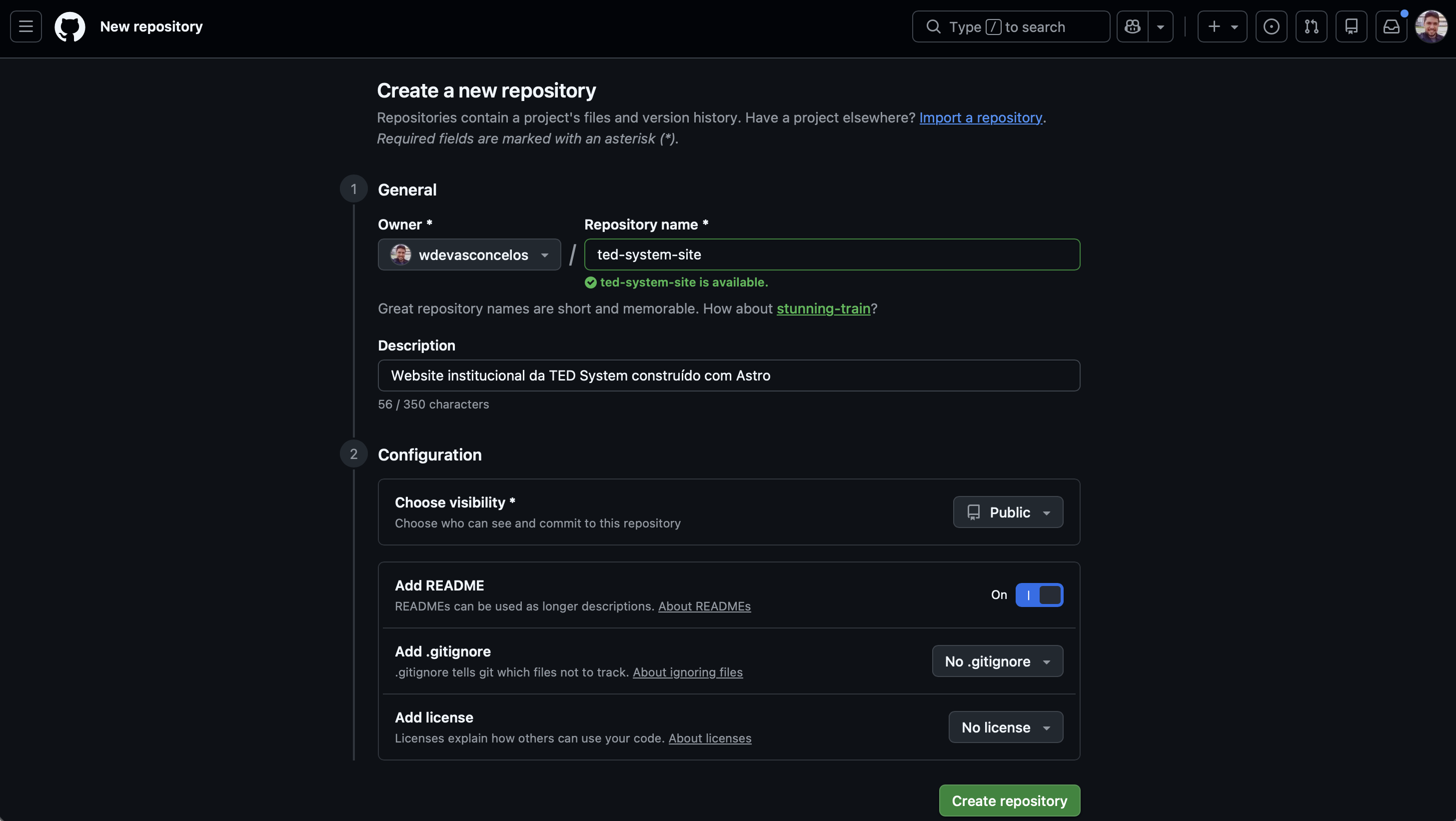 Tela Create a new repository do GitHub com o nome ted-system-site preenchido, a descrição do projeto, a visibilidade Public e a opção Add README ativada.