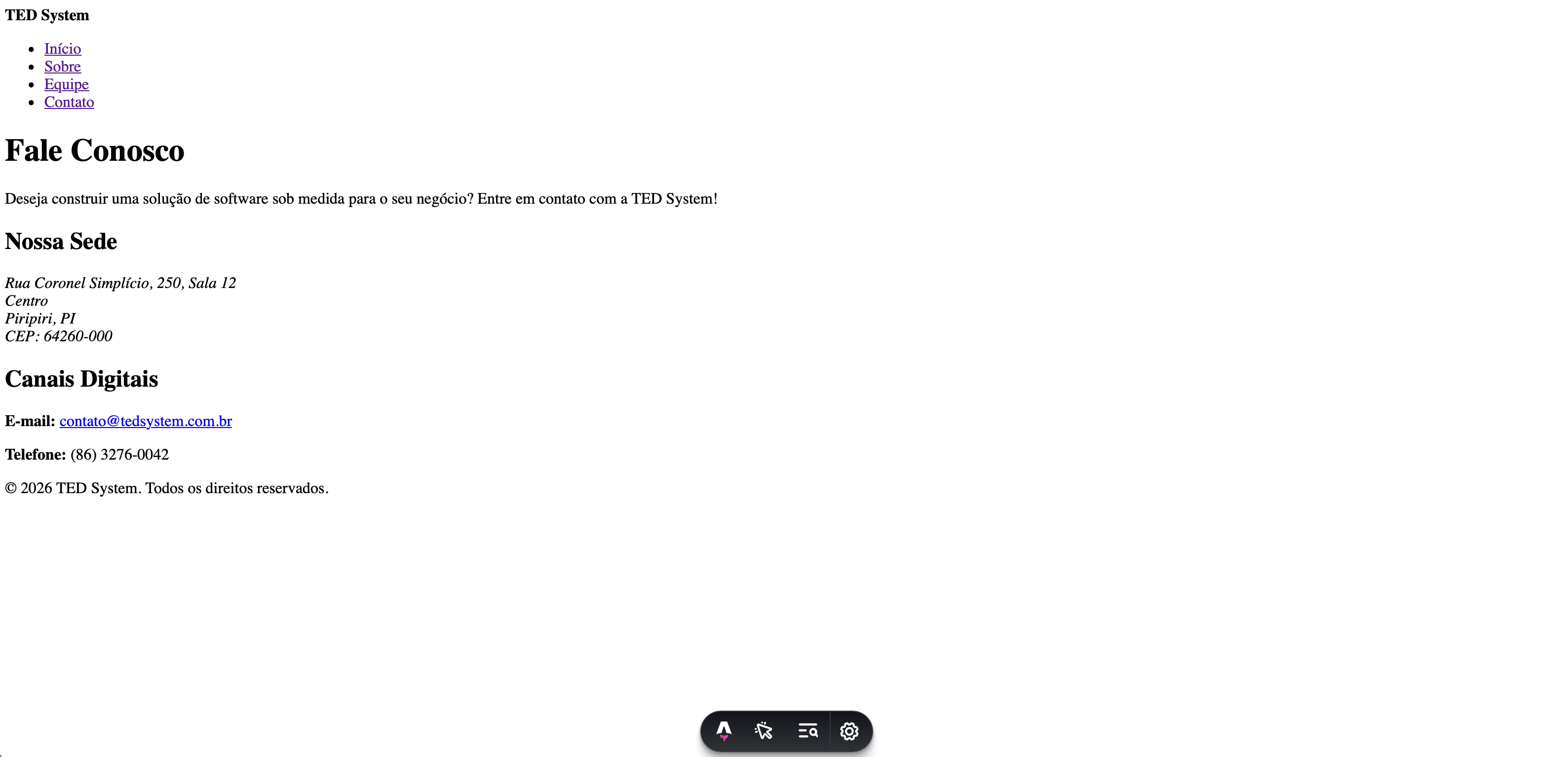 Página Contato sem estilos, com o menu de links, o endereço da sede e os canais digitais de e-mail e telefone.