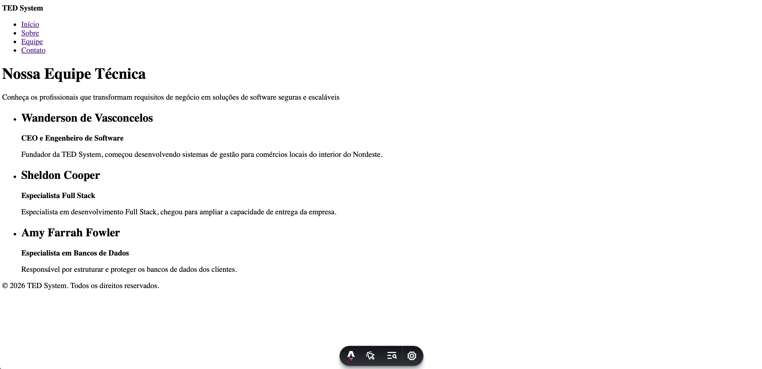 Página Equipe sem estilos, com o menu de links e a lista dos três profissionais com nome, cargo e descrição.