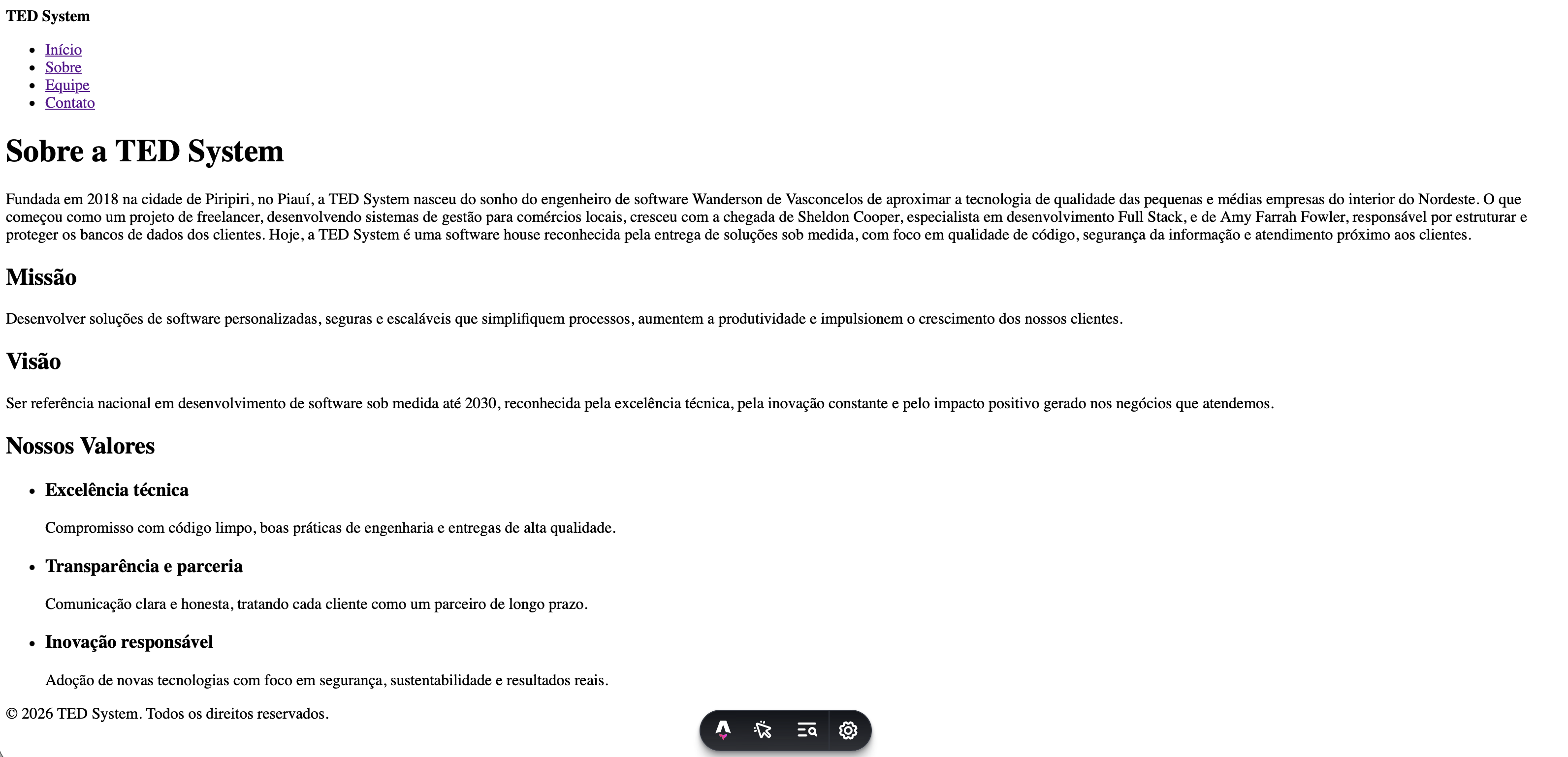 Página Sobre sem estilos, com o menu de links, a história da empresa e as seções Missão, Visão e Nossos Valores.