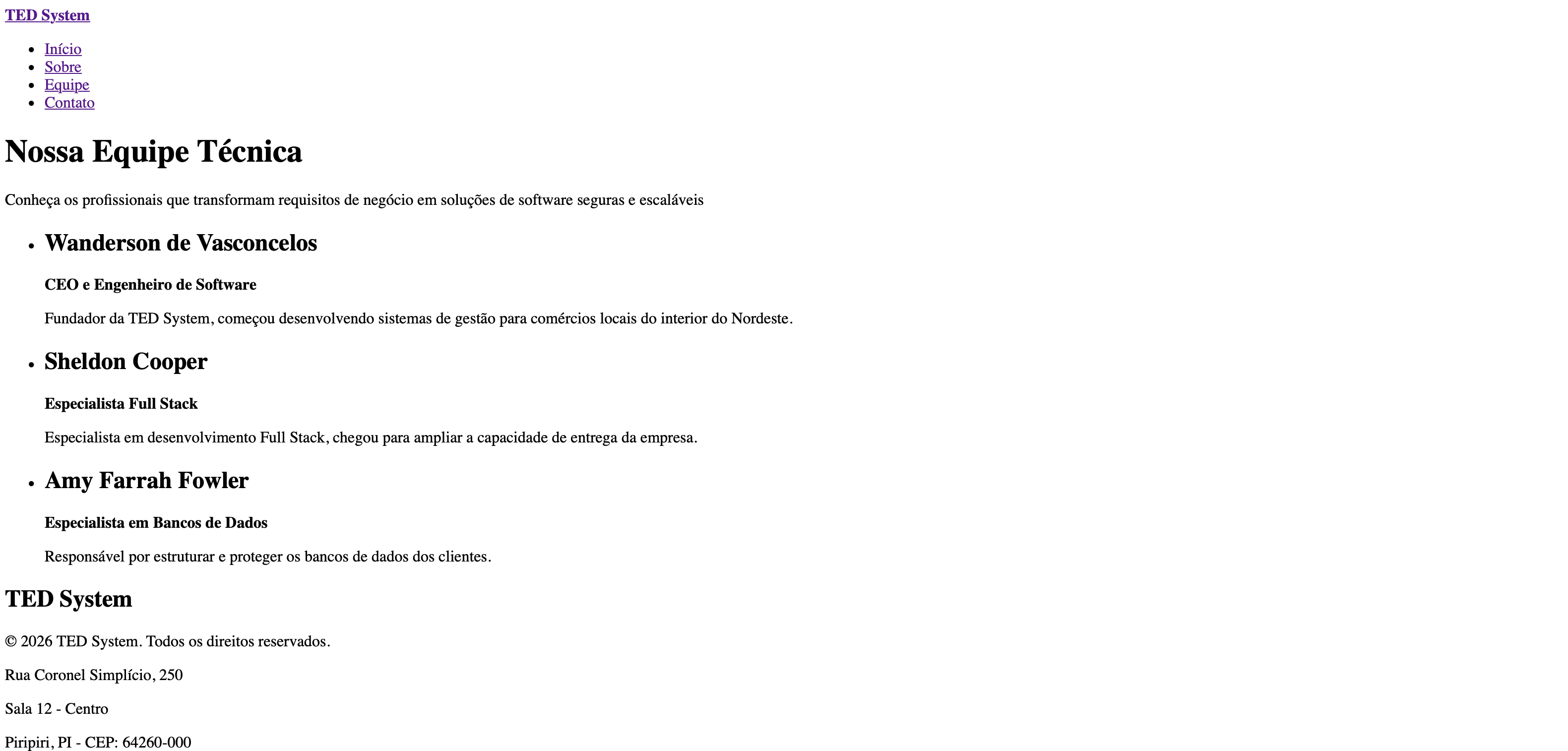 Página Nossa Equipe sem estilos, com os três profissionais e o novo rodapé da empresa.