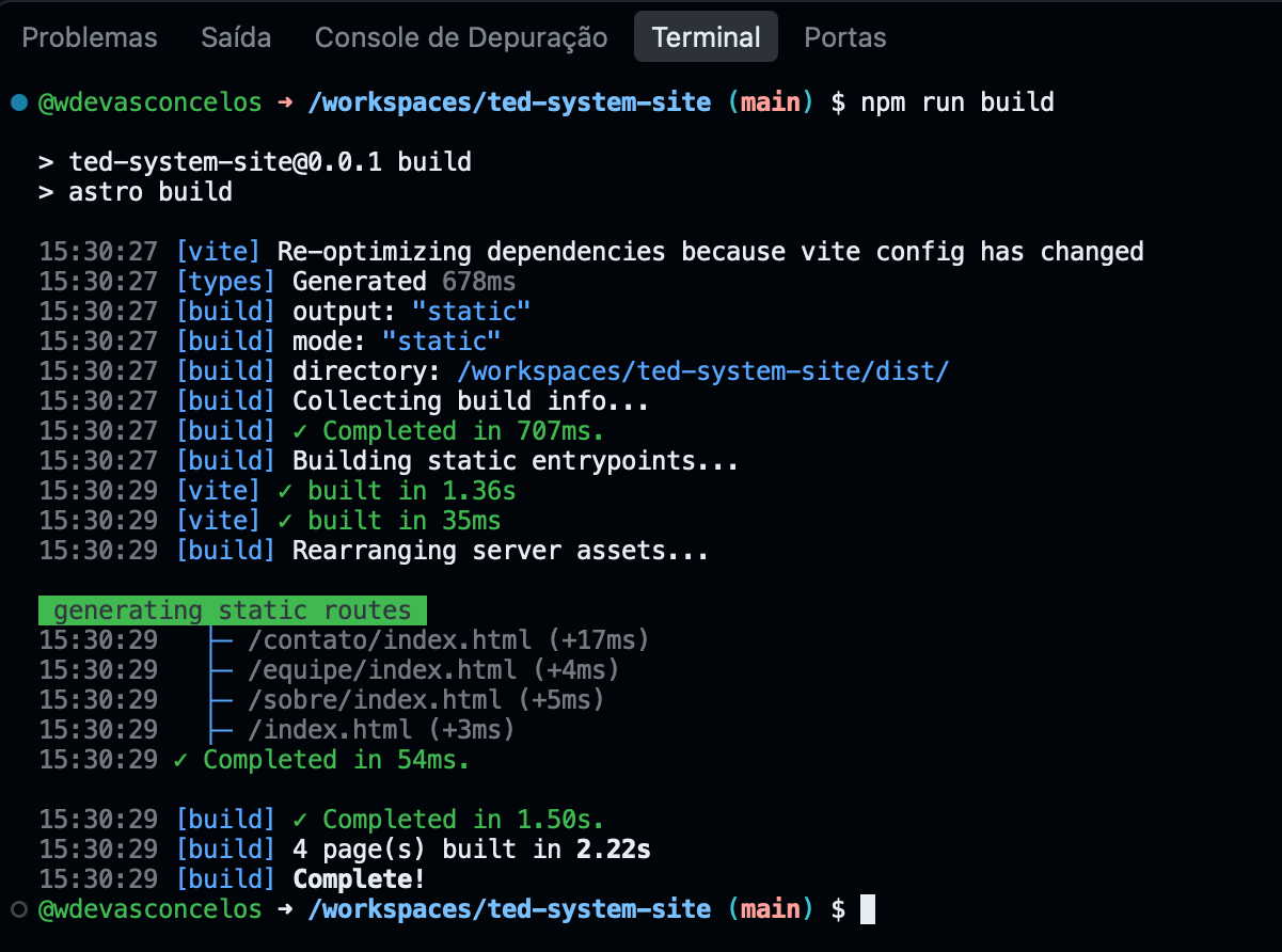 Terminal exibindo a mensagem '4 page(s) built in' indicando a finalização da operação