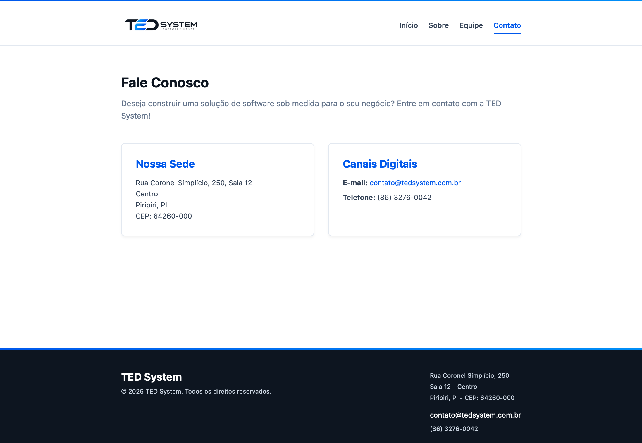 Captura de tela da página de contato, com os diferentes meios de comunicação