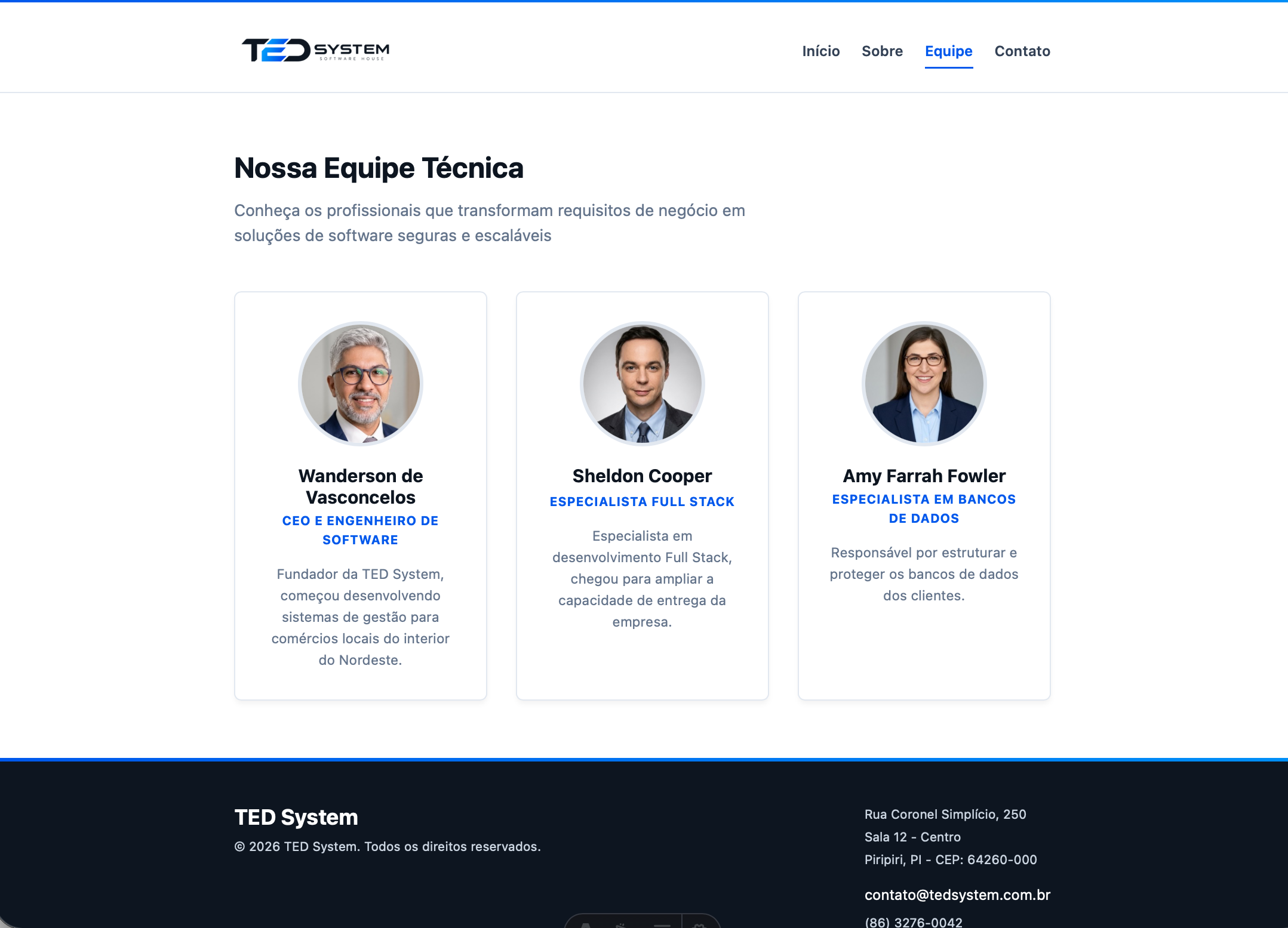 Captura de tela da página de equipe, com os cartões e fotos dos funcionários