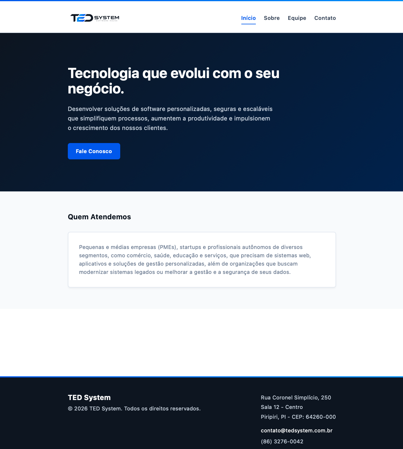 Captura de tela da página inicial renderizada no navegador, destacando o hero escuro