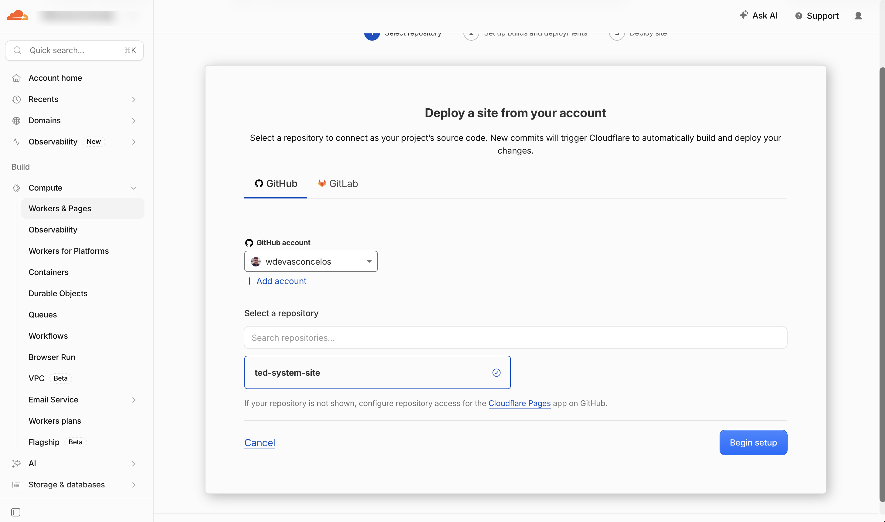 Interface Deploy a site from your account com a conta do GitHub conectada e o repositório ted-system-site marcado.