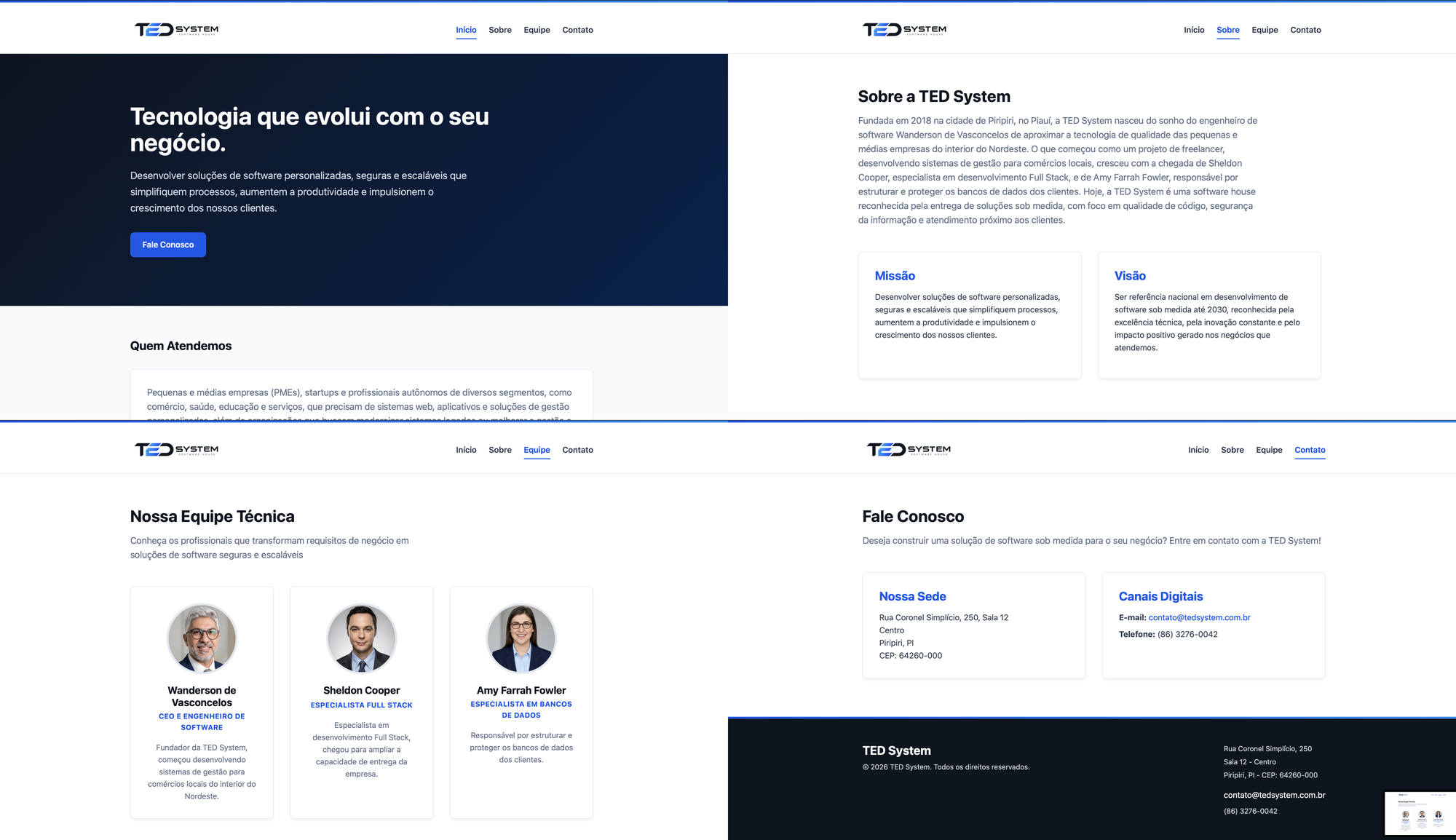 Quatro capturas de tela das páginas inicial, sobre, equipe e contato da TED System visualizadas em um desktop.