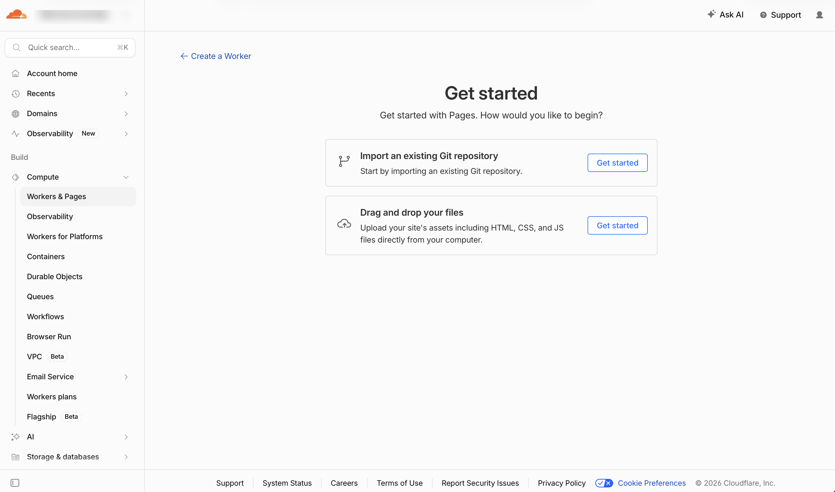 Interface Get started with Pages com as opções Import an existing Git repository e Drag and drop your files.