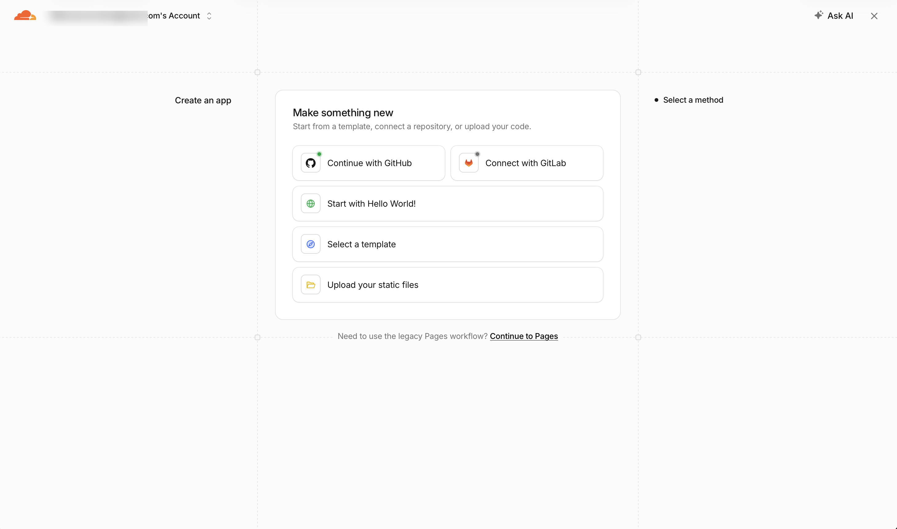 Tela Make something new da Cloudflare exibindo quatro opções centrais e o link Continue to Pages na parte inferior.