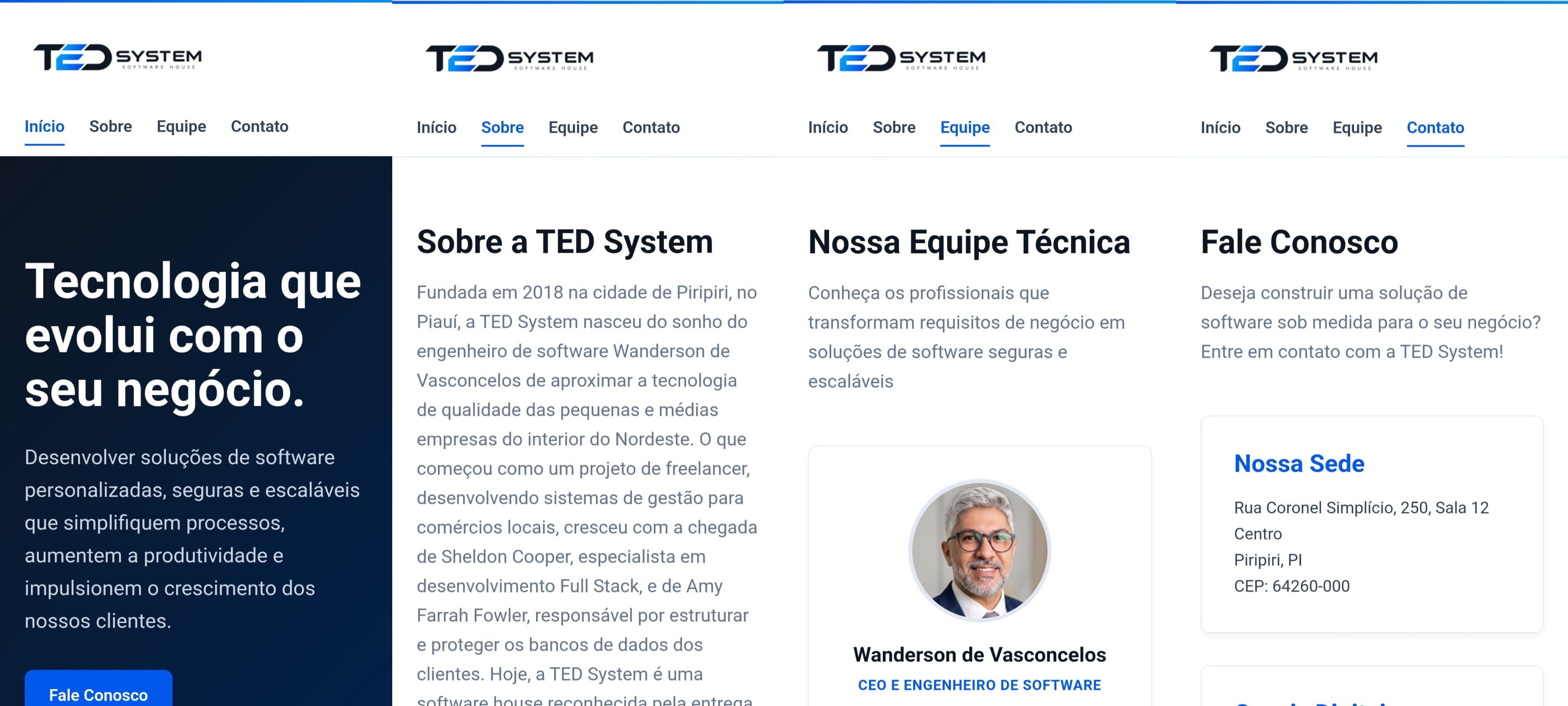 As quatro páginas do site publicado na tela de um celular.