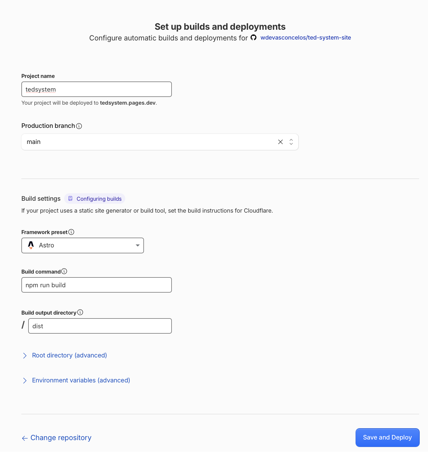 Tela Set up builds and deployments mostrando os campos Project name, Production branch e as configurações de build para o Astro.