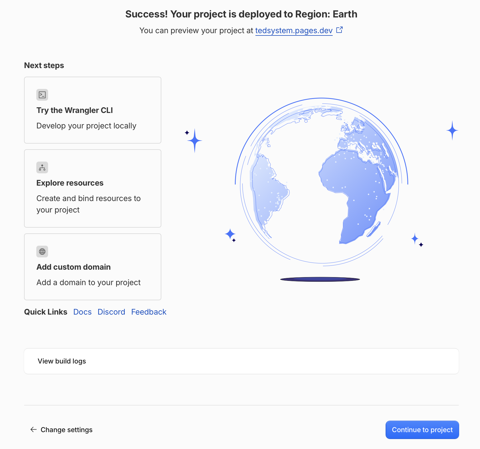 Mensagem de sucesso indicando que o projeto foi hospedado globalmente e está pronto para visualização.